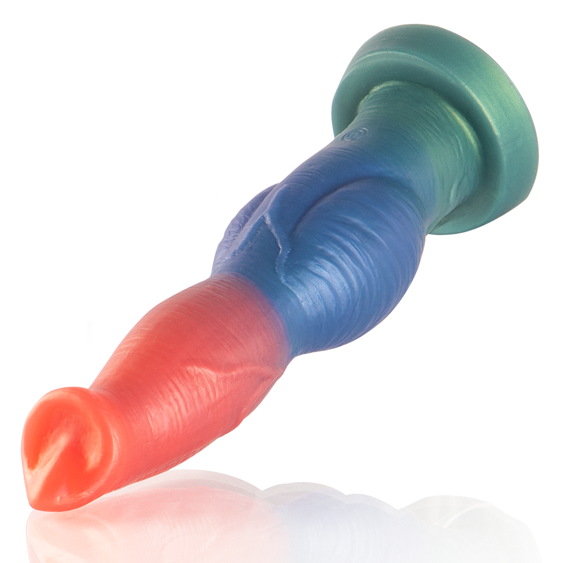 Gode Arion en silicone degrade corail, violet et vert couche de profil, fut texture allonge. Base ventouse turquoise stable, design fantasy aux couleurs vibrantes, 25 cm de long.