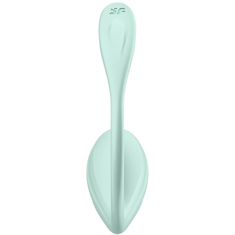 Oeuf vibrant Smooth Petal vert menthe vu de face, corps en goutte strié et col allongé avec logo SF, vibromasseur a porter en silicone connecte.
