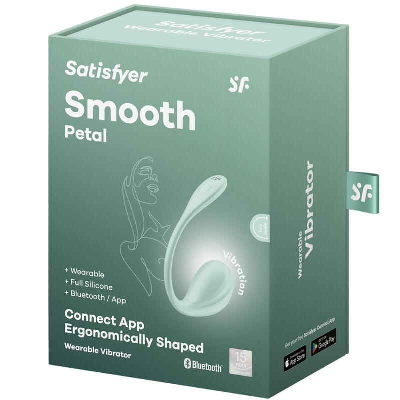 Boite du vibromasseur connecte Smooth Petal Satisfyer en silicone, visuel pastel vert d'eau avec illustration du stimulateur ergonomique et mentions app Bluetooth.