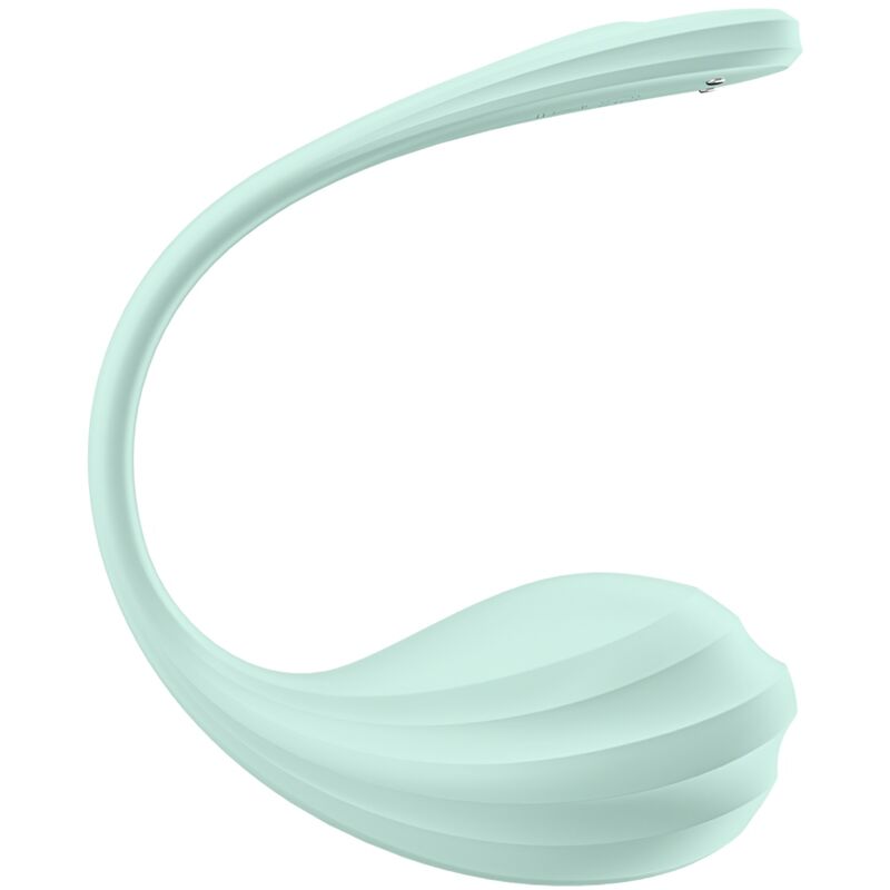 Oeuf vibrant Satisfyer Smooth Petal vert menthe, longue tige souple recourbée et corps strié en silicone, wearable connecte par application gratuite.