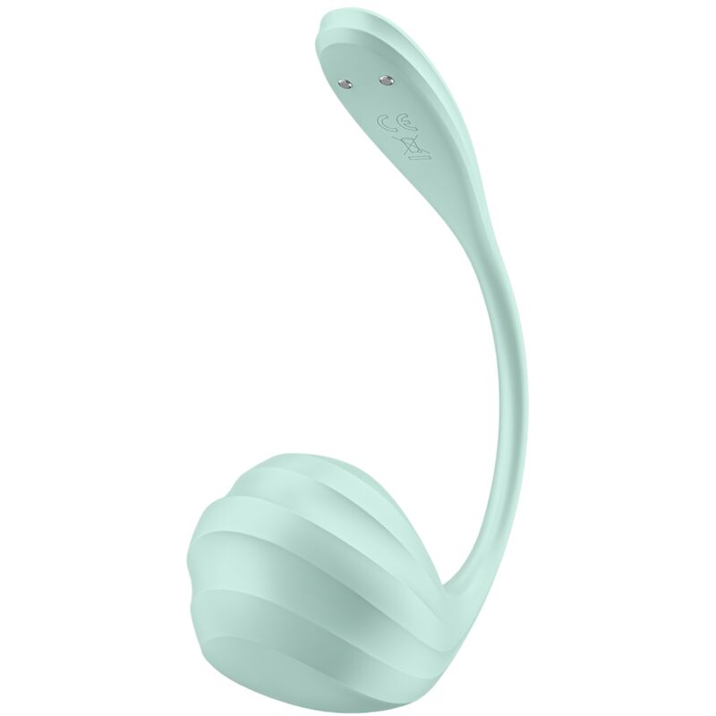 Oeuf vibrant Satisfyer Smooth Petal vert menthe a long col recourbé, corps strié en silicone, wearable ergonomique pilotable par Bluetooth.