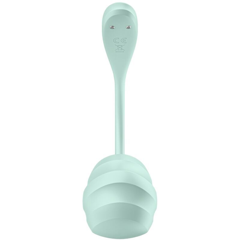 Dos de l'oeuf vibrant Smooth Petal vert menthe, corps strié en silicone et tige a contacts de charge, vibromasseur a porter connecte et discret.