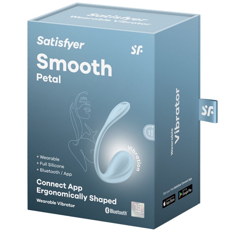 Boite Satisfyer Smooth Petal bleue, packaging Wearable Vibrator avec visuel de l'oeuf silicone, mentions Connect App et Ergonomically Shaped.