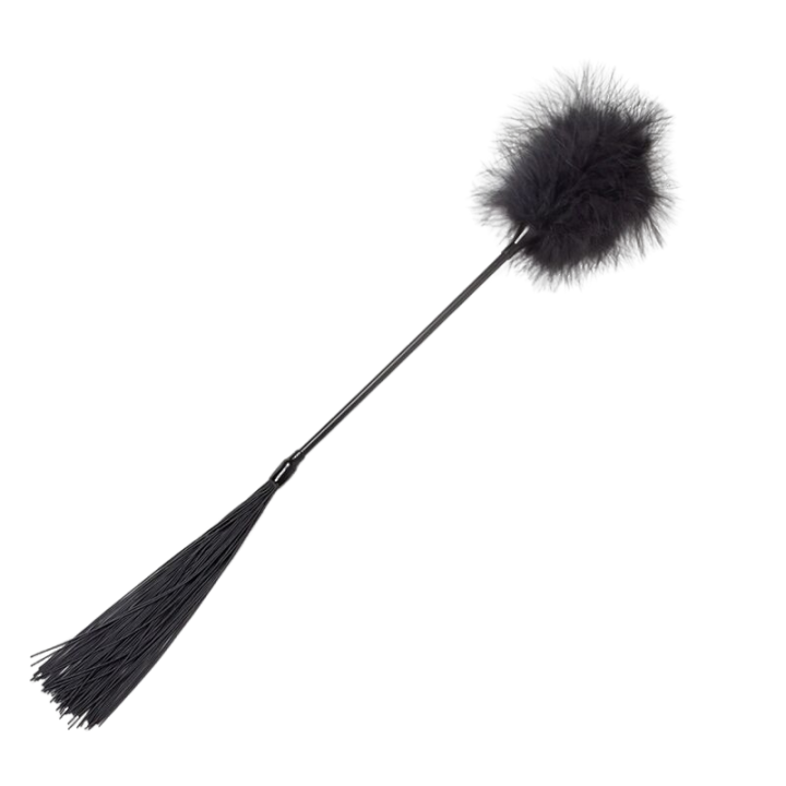 Duster reversible noir plumes et fouet, plumeau touffu d'un cote et lanieres de l'autre, tige 21 cm. Accessoire BDSM double usage pour passer de la caresse a la discipline.