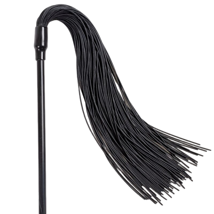 Cote fouet du duster reversible noir, longues lanieres souples et manche rigide. Accessoire BDSM disciplinaire pour des sensations modulables lors des jeux de pouvoir.