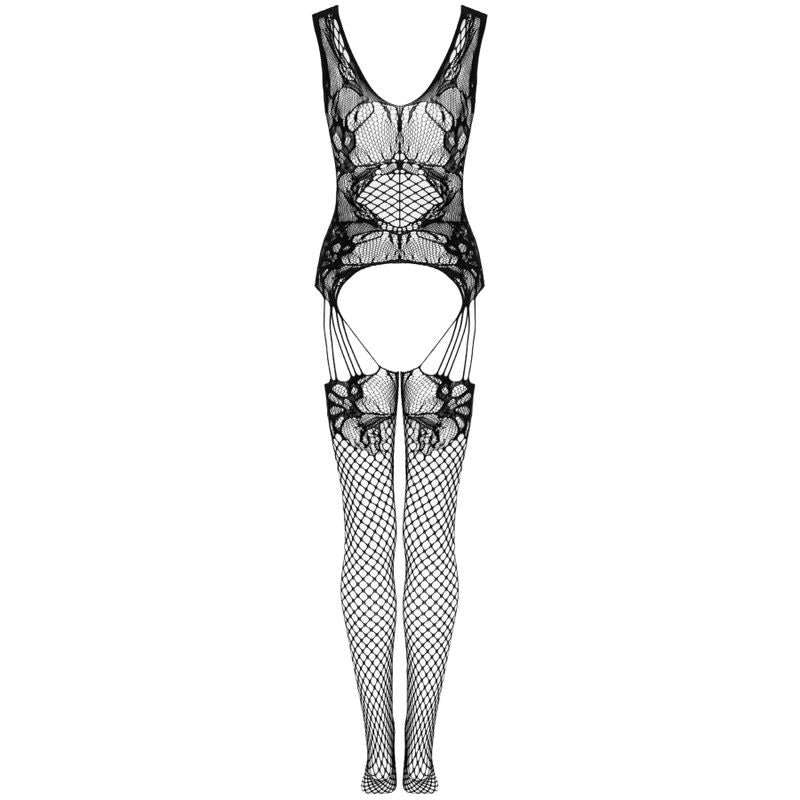 Dessin technique du bodystocking resille Livco Corsetti vu de dos a plat, dentelle au buste et maille resille aux jambes, schema au trait du vetement.