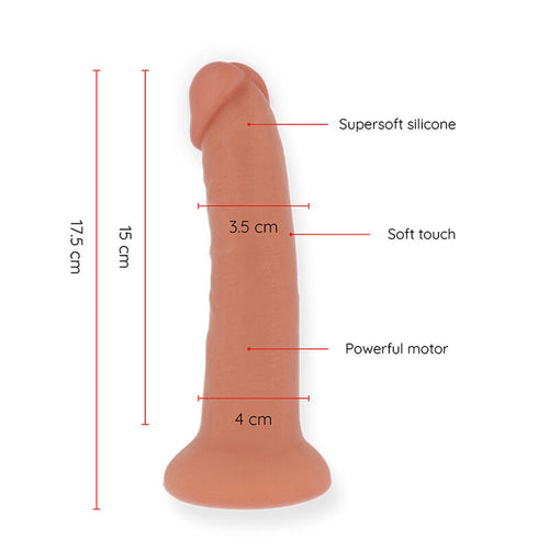 Gode realiste Oninder couleur chair en silicone supersoft, vue de face avec cotes 17,5 cm de longueur et 4 cm de diametre, gland et texture realistes, stimulateur connecte par appli