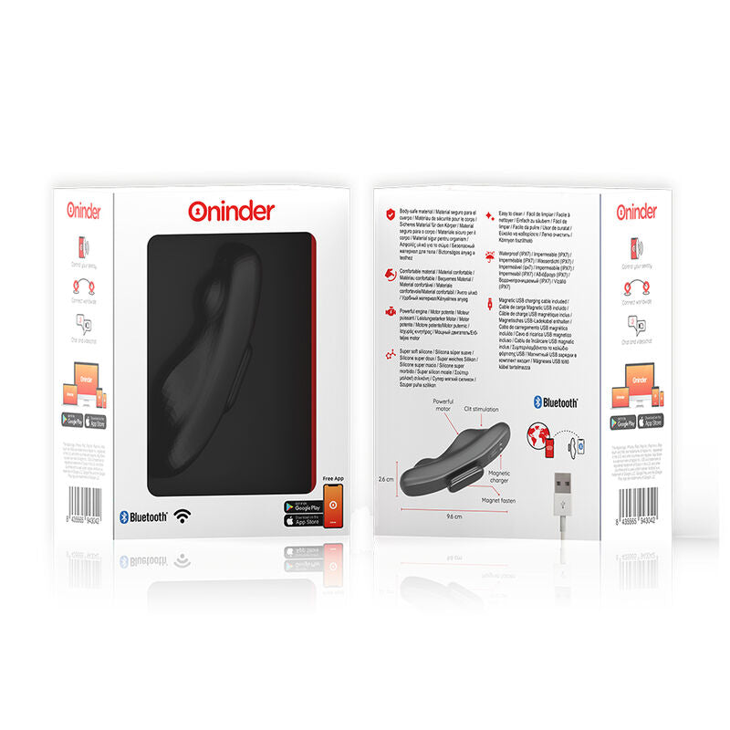 Emballage du vibromasseur de culotte Manila Oninder vu recto et verso, illustration du produit, specifications techniques et compatibilite Bluetooth.