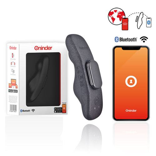Boite du vibromasseur de culotte Manila Oninder en silicone gris, stimulateur plat ergonomique presente avec le smartphone et l'application connectee.