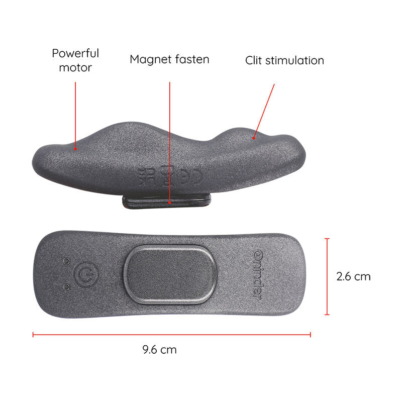 Schema cote du stimulateur de culotte Manila gris, dimensions 9,6 cm sur 2,6 cm, moteur puissant et fixation magnetique pour la stimulation clitoridienne.
