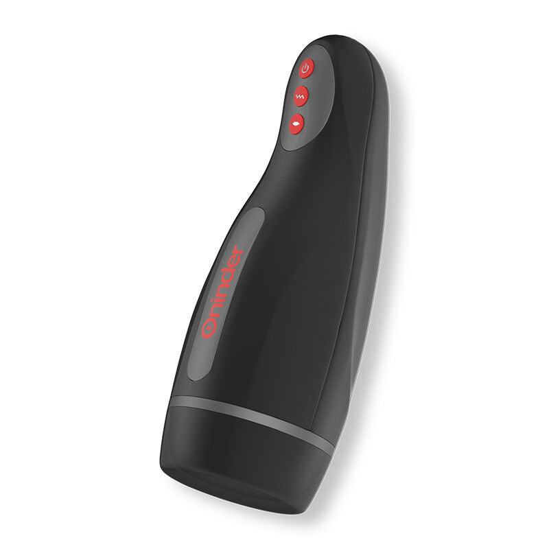 Masturbateur connecte Seoul Oninder noir vu en angle, gobelet cylindrique a serigraphie rouge et boutons de controle, design discret rechargeable USB.