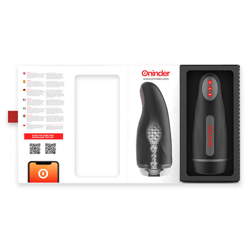 Coffret ouvert du masturbateur Seoul Oninder avec notice illustree, QR code application et le gobelet noir presente a cote de sa gaine interne texturee.