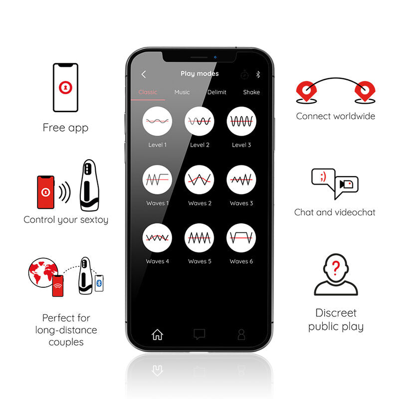 Ecran de l'application Oninder pour le masturbateur Seoul : grille de modes de vibration, connexion mondiale, chat videochat et mode discret en public.