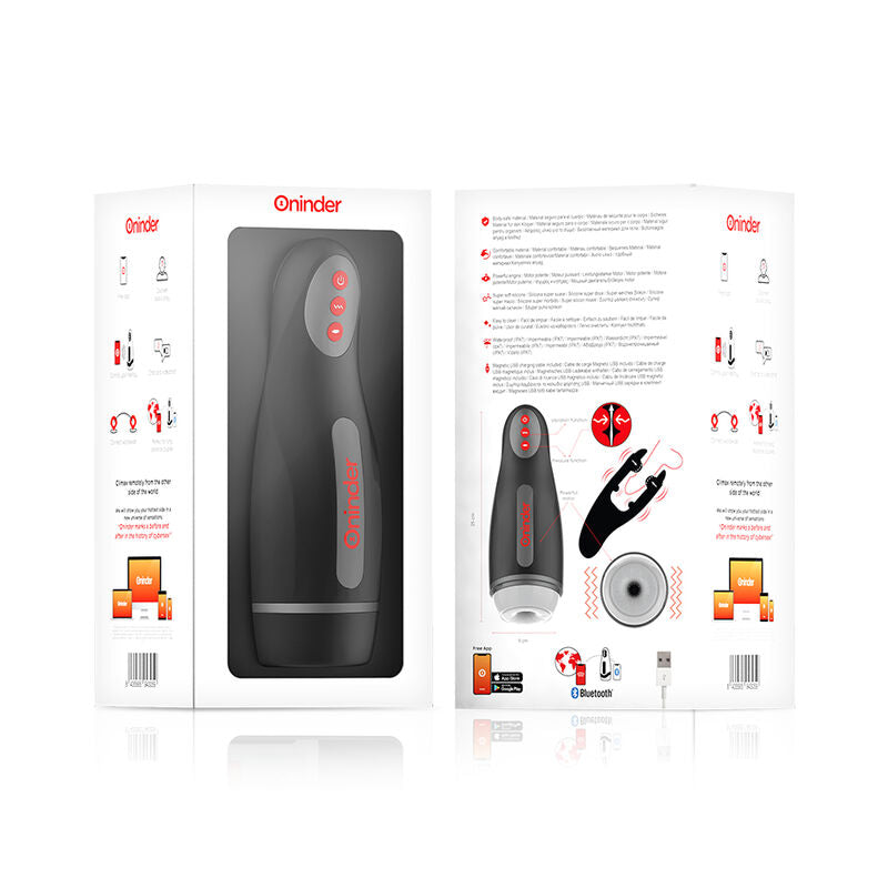 Emballage du masturbateur Seoul Oninder vu recto et verso, illustrations du gobelet, schemas d'utilisation et compatibilite Bluetooth de l'appareil.