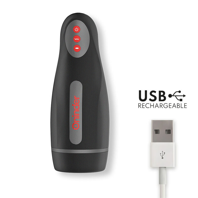 Masturbateur Seoul Oninder noir vu de face avec ses boutons rouges de commande, presente aux cotes de son cable de recharge USB, gobelet 10 vitesses.