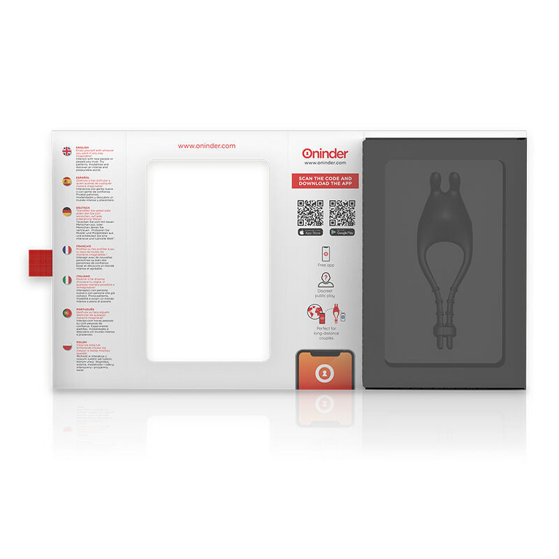 Coffret ouvert de l'anneau vibrant Pampa Oninder avec notice multilingue, QR code application et le cockring silicone gris loge dans son logement.