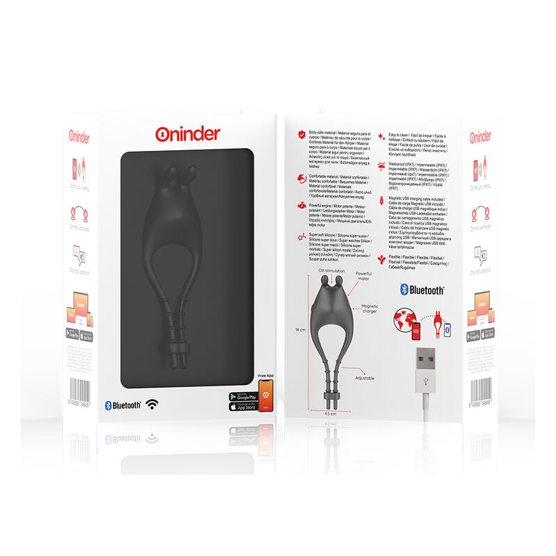 Emballage de l'anneau vibrant Pampa Oninder vu recto et verso, illustration du cockring ajustable, cable de recharge et compatibilite Bluetooth.