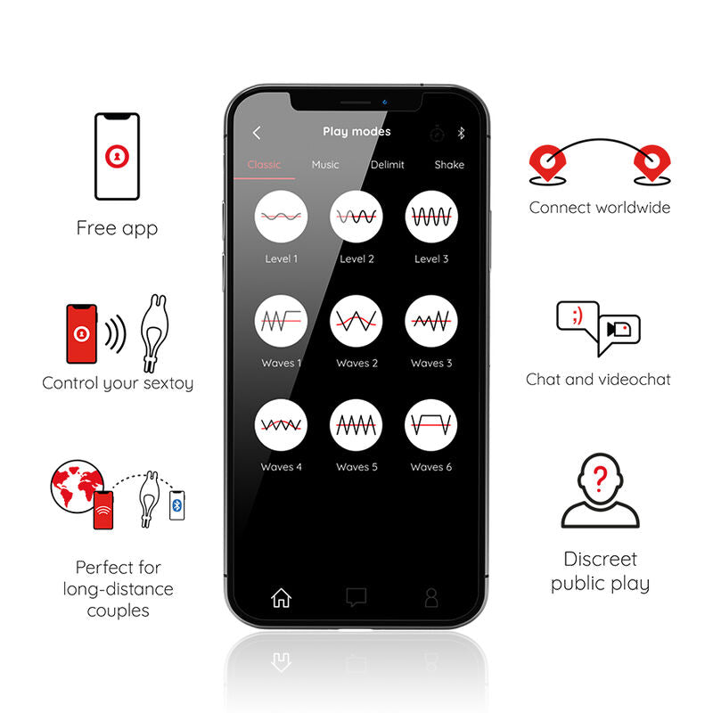 Ecran de l'application Oninder pour l'anneau vibrant Pampa : modes de jeu, niveaux d'ondes, chat photos et pilotage a distance pour couples eloignes.