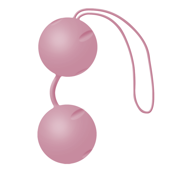 Boules de Geisha Joyballs classiques rose pale avec cordon de retrait, vues de face, duo en silicone a effet trampoline pour tonifier le plancher pelvien