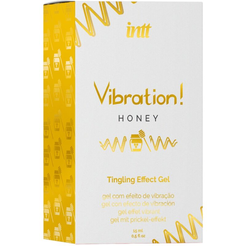 Boite Vibration Honey Intt de face, gel stimulant intime saveur miel formule base eau a effet vibrant et picotement chauffant, format 15 ml.