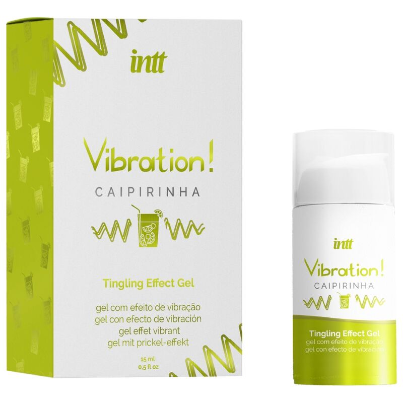 Boite verte Intt Vibration Caipirinha de face avec son flacon airless, gel stimulant intime effet vibrant saveur caipirinha en flacon distributeur de 15 ml