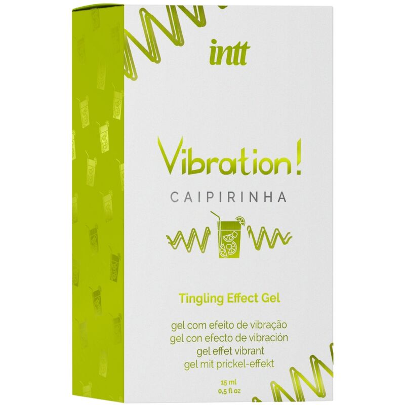 Boite vert anis Intt Vibration Caipirinha presentee de face, gel stimulant intime effet picotement saveur cocktail, packaging graphique sans element anatomique