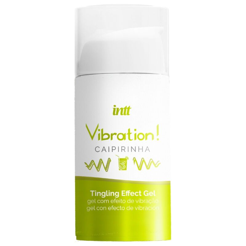 Flacon airless blanc Intt Vibration Caipirinha vu de face, gel stimulant intime base eau effet picotement saveur cocktail citron-vert, design vert anis