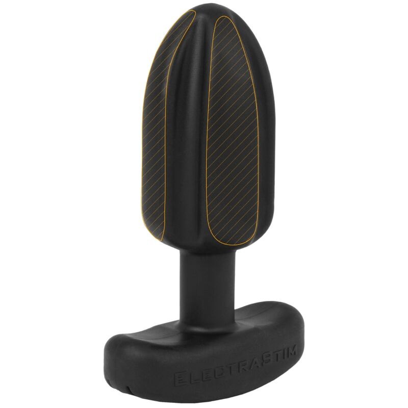 Plug anal Tartarus ElectraStim en silicone noir vu de face, corps conique a coutures contrastees et base a bascule, technologie quadripolaire pour electrostimulation.