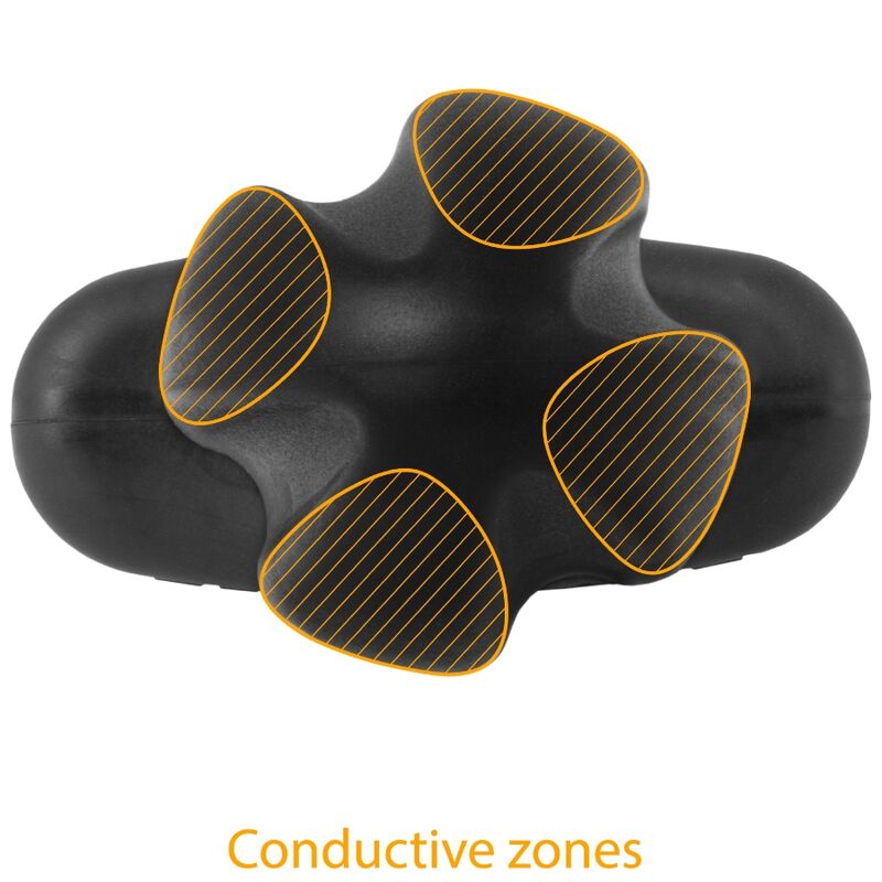 Base du plug Tartarus ElectraStim avec quatre zones conductrices surlignees en orange, schema des quadripoles independants creant une rotation virtuelle en e-stim.