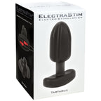 Boite blanche ElectraStim Tartarus presentant le plug anal silicone quadripolaire noir a base a bascule, electrode anale e-stim a illusion de rotation virtuelle.