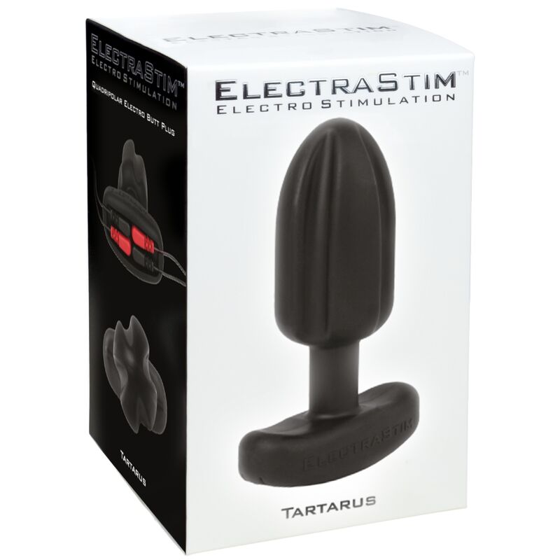 Boite blanche ElectraStim Tartarus presentant le plug anal silicone quadripolaire noir a base a bascule, electrode anale e-stim a illusion de rotation virtuelle.