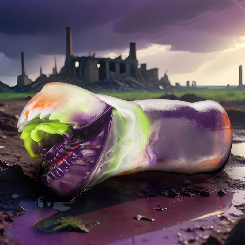 Masturbateur Brontes silicone violet et orange pose dans un decor postapocalyptique, bouche large enveloppante et base ferme, design fantasy inspire des cyclopes.