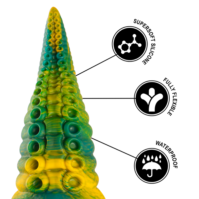 Gode tentacule fantasy en silicone vert et jaune vu de face avec pictogrammes silicone supersoft, flexible et waterproof, relief de ventouses sculptees sur toute la hauteur