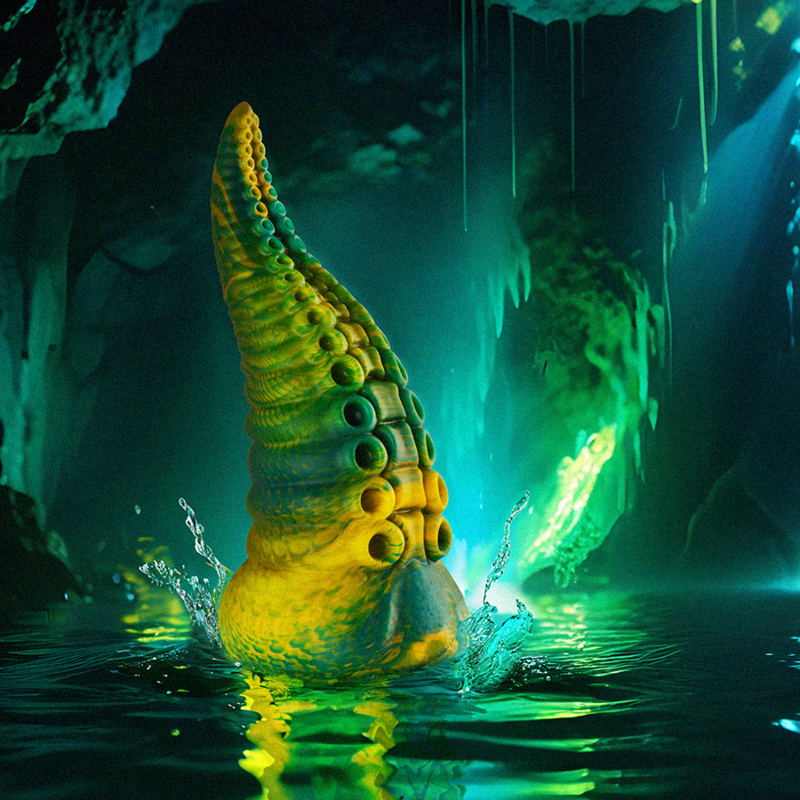 Gode tentacule fantasy vert et jaune mis en scene dans une grotte aquatique lumineuse, ambiance marine evoquant le relief organique et la texture de ventouses du silicone souple