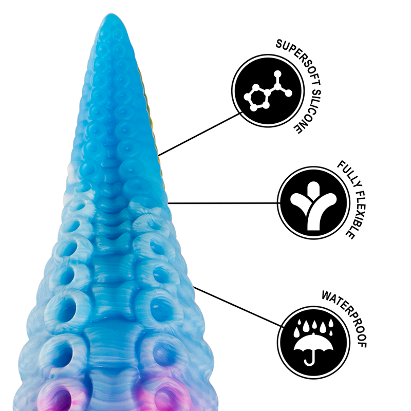 Gode tentacule Phorcys silicone bleu et rose avec pictogrammes silicone superdoux, flexible et waterproof, pointe effilee a ventouses pour entree douce.