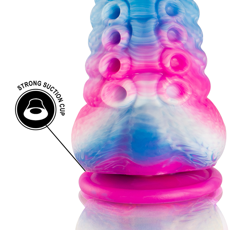 Gode tentacule Phorcys silicone bleu et rose, gros plan sur la base ventouse forte et le relief de ventouses, grand format fantasy a diametre progressif.