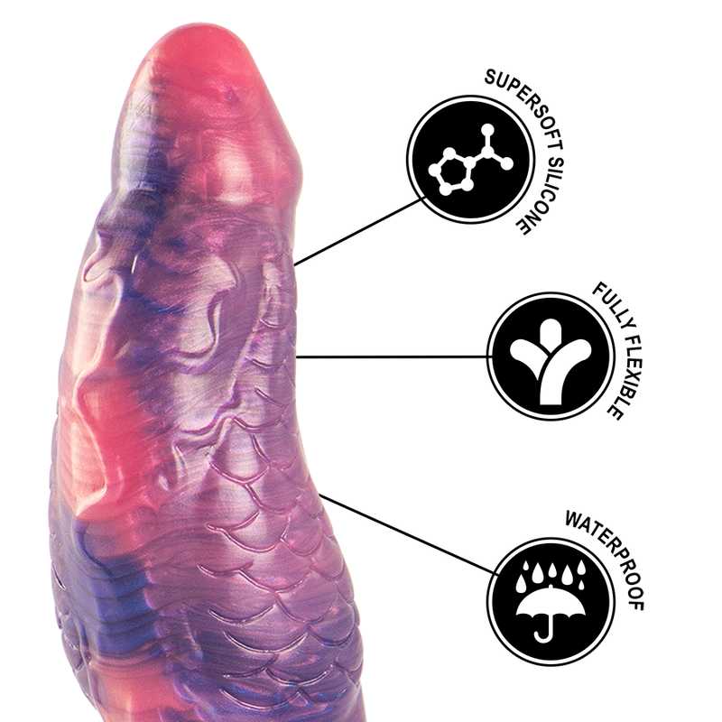Gode Medusa silicone violet et rose avec pictogrammes silicone superdoux, flexible et waterproof, gland marque et fut ecailleux progressif fantasy.
