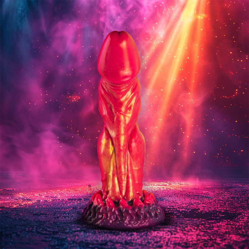 Gode cerberus fantasy en silicone flammé — détail produit