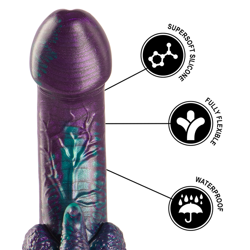 Gode Basilic silicone violet et turquoise avec pictogrammes silicone superdoux, flexible et waterproof, gland marque et fut ecailleux texture fantasy.
