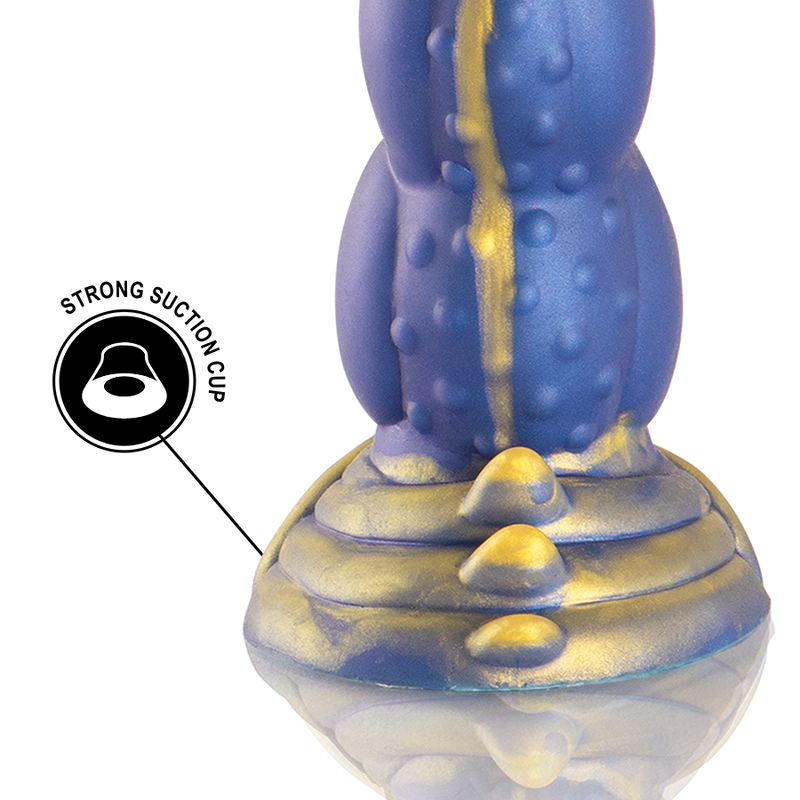 Gode Poseidon silicone bleu et dore, gros plan sur base ventouse forte et perles etagees, design ondule marin inspire de Poseidon a insertion progressive.