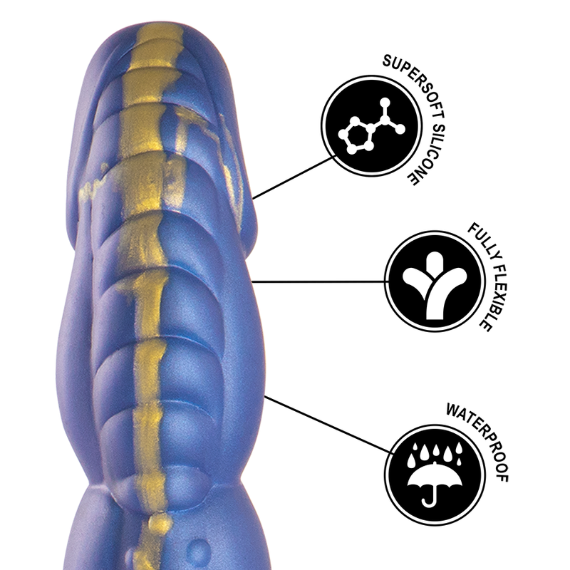 Gode Poseidon silicone bleu et dore avec pictogrammes silicone superdoux, flexible et waterproof, profil ondule a perles inspire des mers et de Poseidon.
