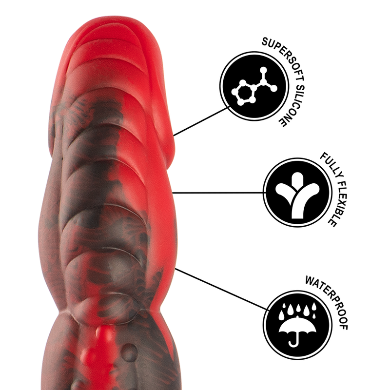 Gode Ares silicone rouge et noir avec pictogrammes silicone superdoux, flexible et waterproof, profil ondule a perles aux teintes ardentes du dieu de la guerre.