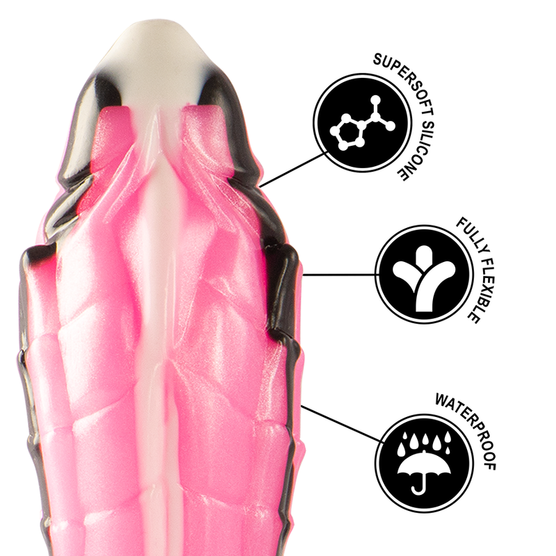 Gode Triton fantasy en silicone rose avec pictos supersoft silicone, fully flexible et waterproof. Texture reptile detaillee, matiere souple et etanche pour usage sous la douche.