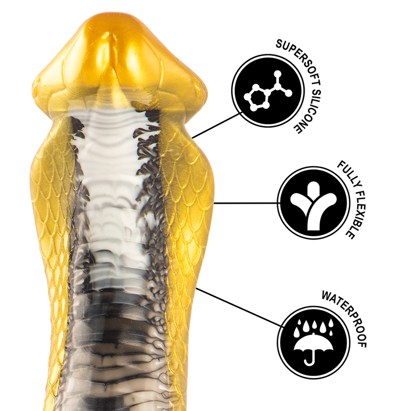 Gros plan sur la tete sculptee de cobra du gode fantasy dore et gris avec pictogrammes silicone supersoft, flexible et waterproof, texture ecailleuse en silicone souple
