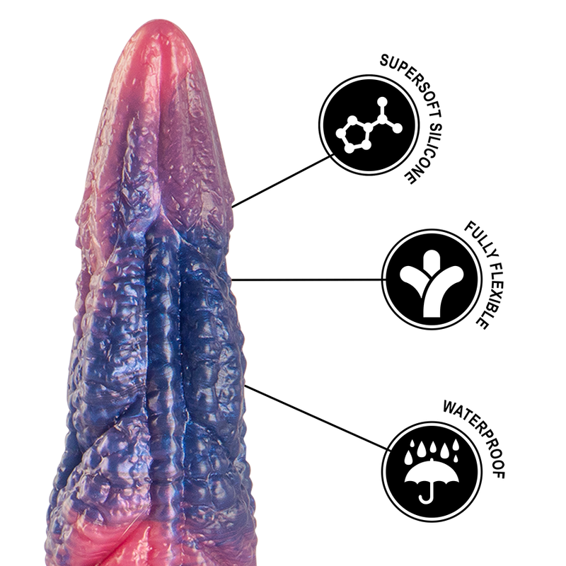 Gode monstre fantasy en silicone violet avec pictos supersoft silicone, fully flexible et waterproof. Texture phosphorescente detaillee, matiere souple et etanche resistante a l'eau.