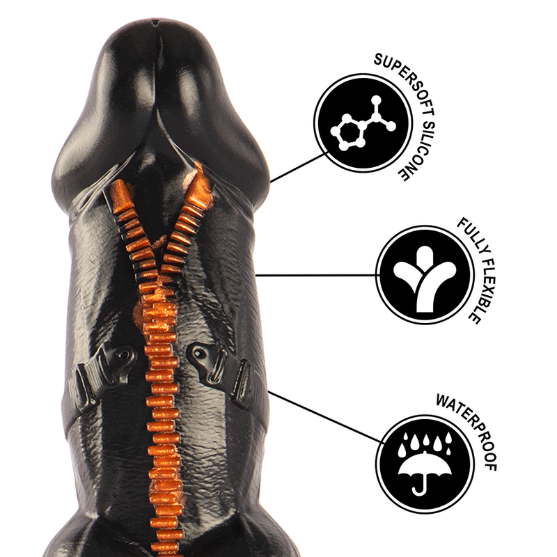 Gode fantasy en silicone noir a base flammee avec pictos supersoft silicone, fully flexible, waterproof. Texture sculptee, matiere souple et etanche resistante a l'eau.