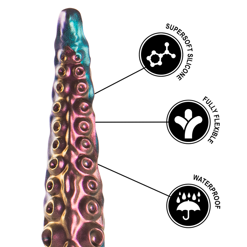 Gode tentacule fantasy cuivre et turquoise vu de face avec pictogrammes silicone supersoft, flexible et waterproof, relief de ventouses metallise sur toute la tige