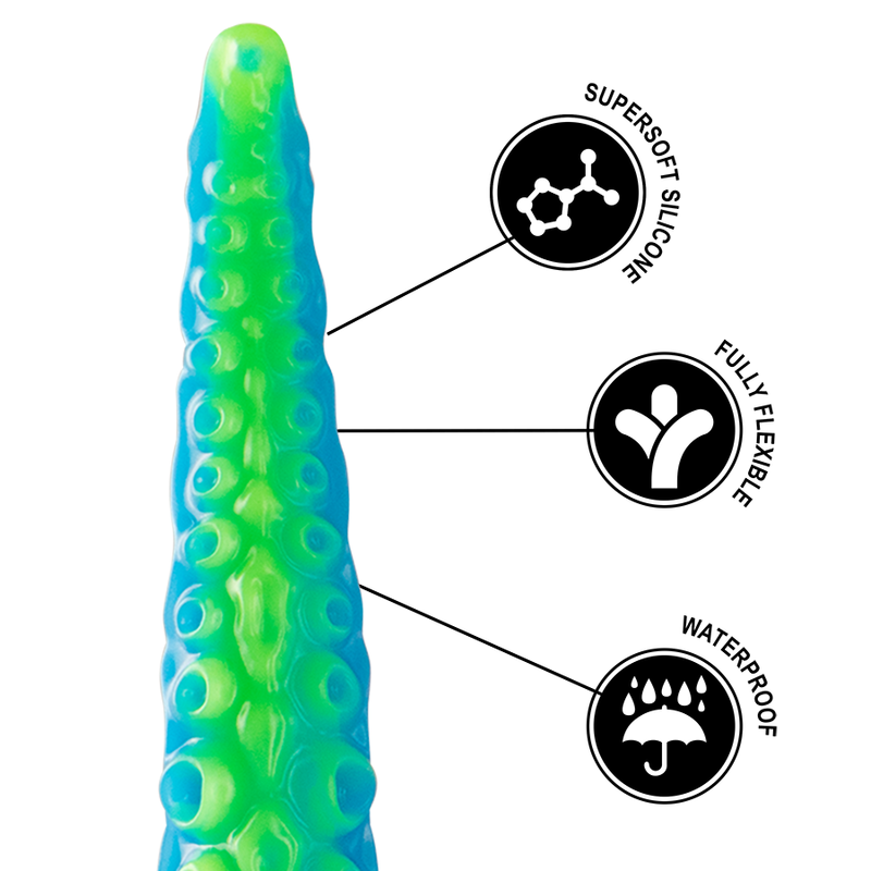 Gode tentacule fin fluorescent bleu et vert vu de face avec pictogrammes silicone supersoft, flexible et waterproof, relief de ventouses effile vers la pointe lumineuse