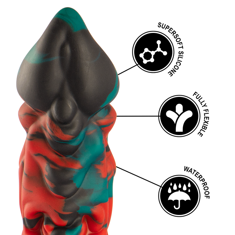 Gode Basilisk fantasy avec gland sombre et pictos supersoft silicone, fully flexible, waterproof. Texture ecailleuse rouge et turquoise, matiere souple et etanche resistante a l'eau.