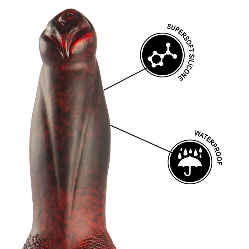 Gode vibrant Prometheus en silicone rouge avec pictos supersoft silicone et waterproof. Fut texture, matiere souple et etanche, vibration rechargeable resistante a l'eau.